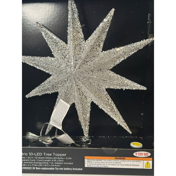 The Christmas Shoppe Electric 10-LED Glitter Star Tree Topper – Silver Light-Up - Picture 3 of 9